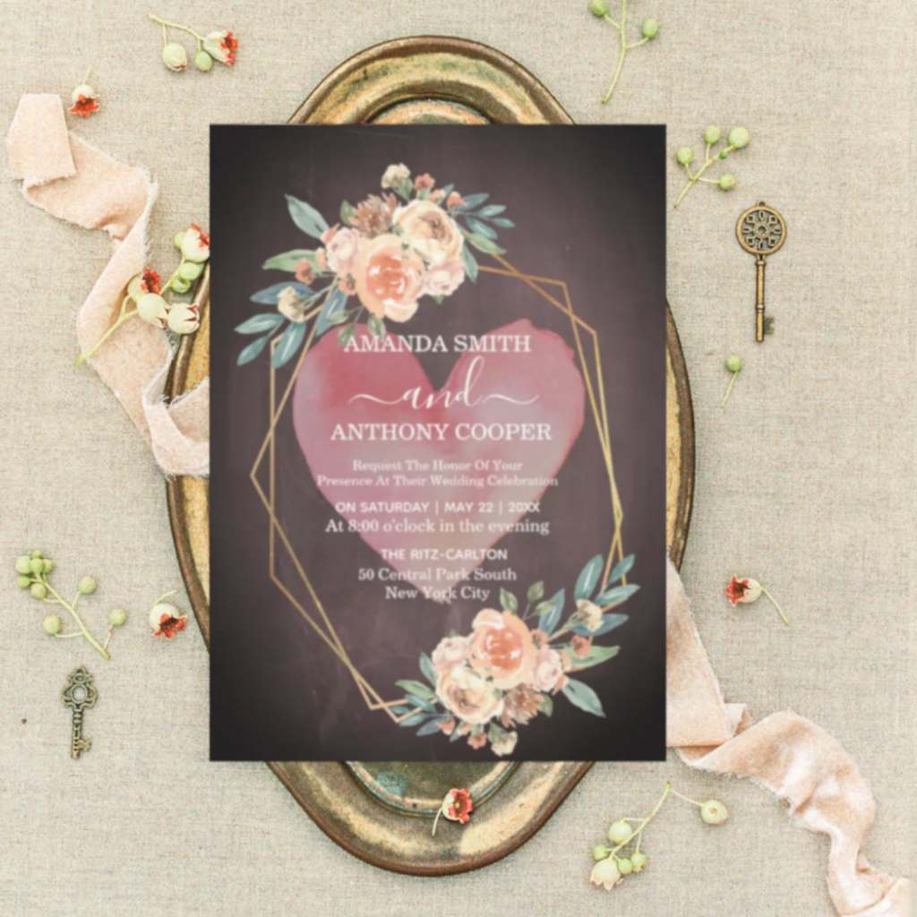 Cute wedding invitation with roses, geometric shape and a pink heart on blackboard background