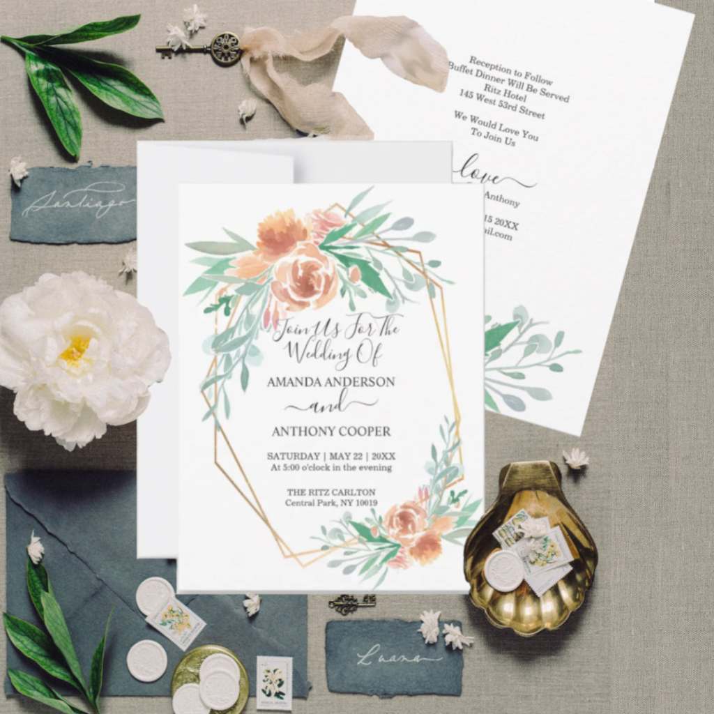 Elegant floral wedding invitation set with geometric wreath 