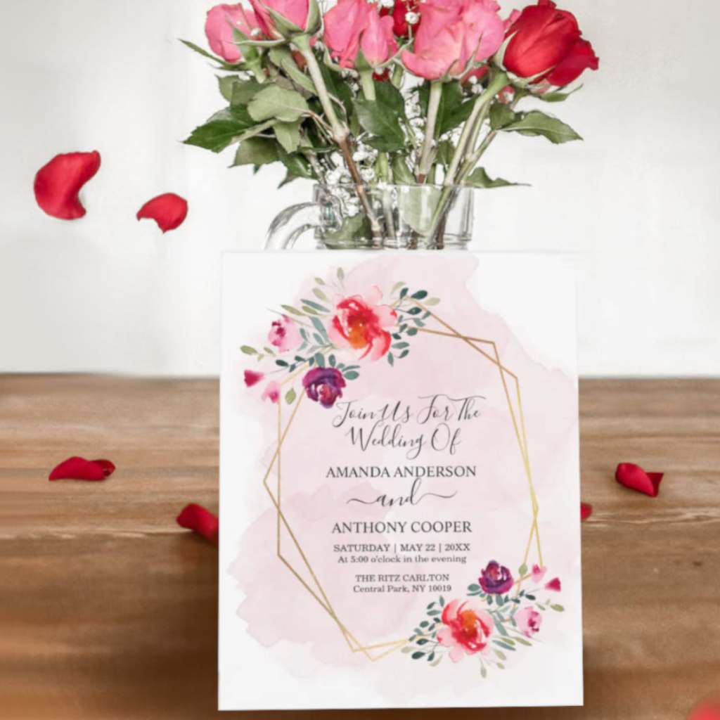 Personalized wedding invitation set. Roses and geometric figure on pink watercolor background.