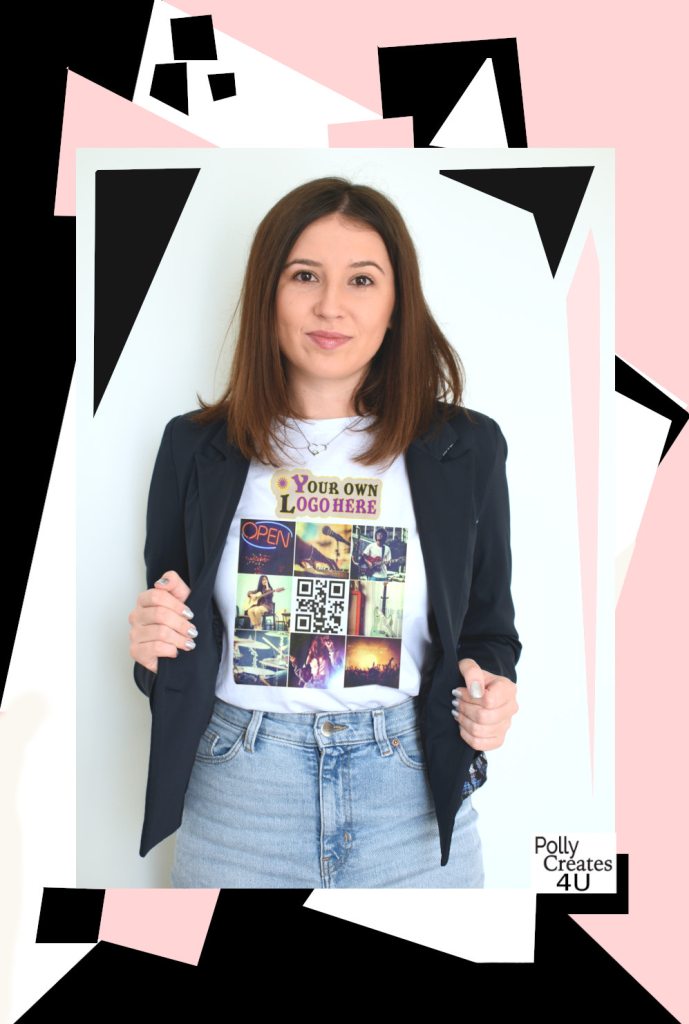 Personalized promotional corporate t-shirt with logo, QR code and company photos.