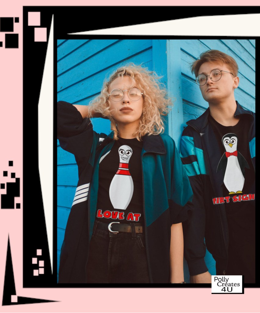 Funny couple in love. Matching couple t-shirt love at first sight. Penguin and bowling pin.