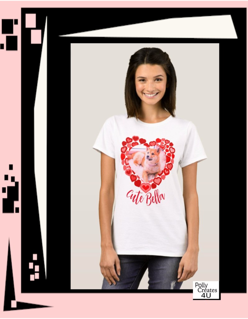 Pet lovers. Dog lover. Personalized I love my dog photo t-shirt with red shaped red hearts frame and custom text.