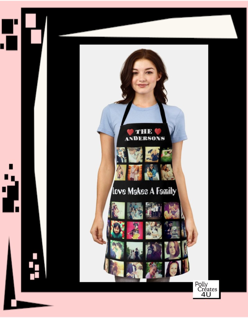 Custom photo collage apron with red hearts and text