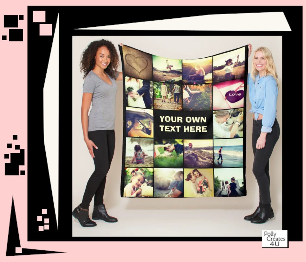 Personalized photo collage blanket with custom text.