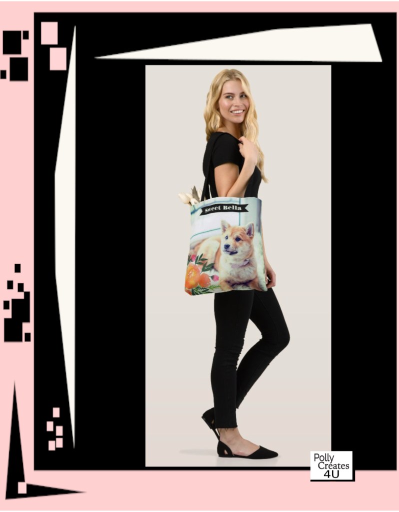 Personalized photo tote bag with name monogram and flowers.