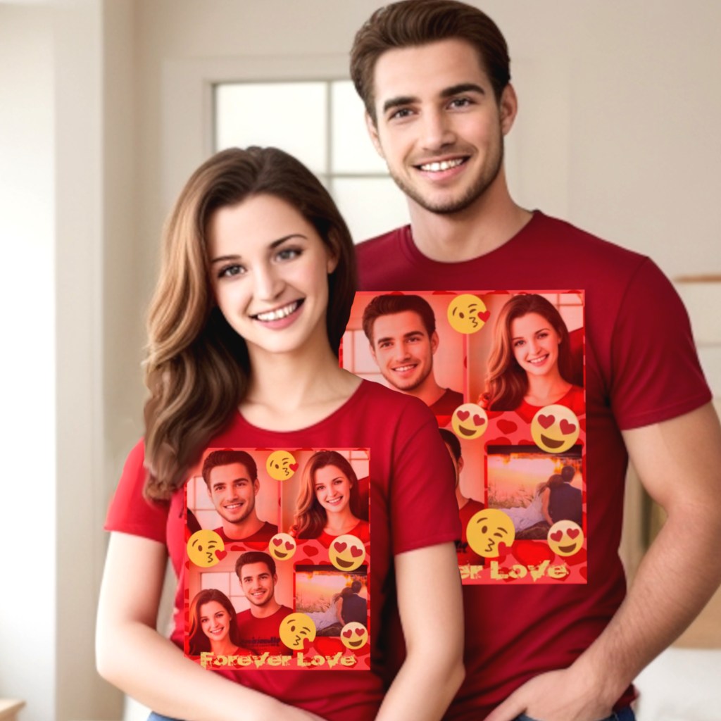 Couple t-shirt. Love tee with four  custom pictures and love emoticons, love emoji