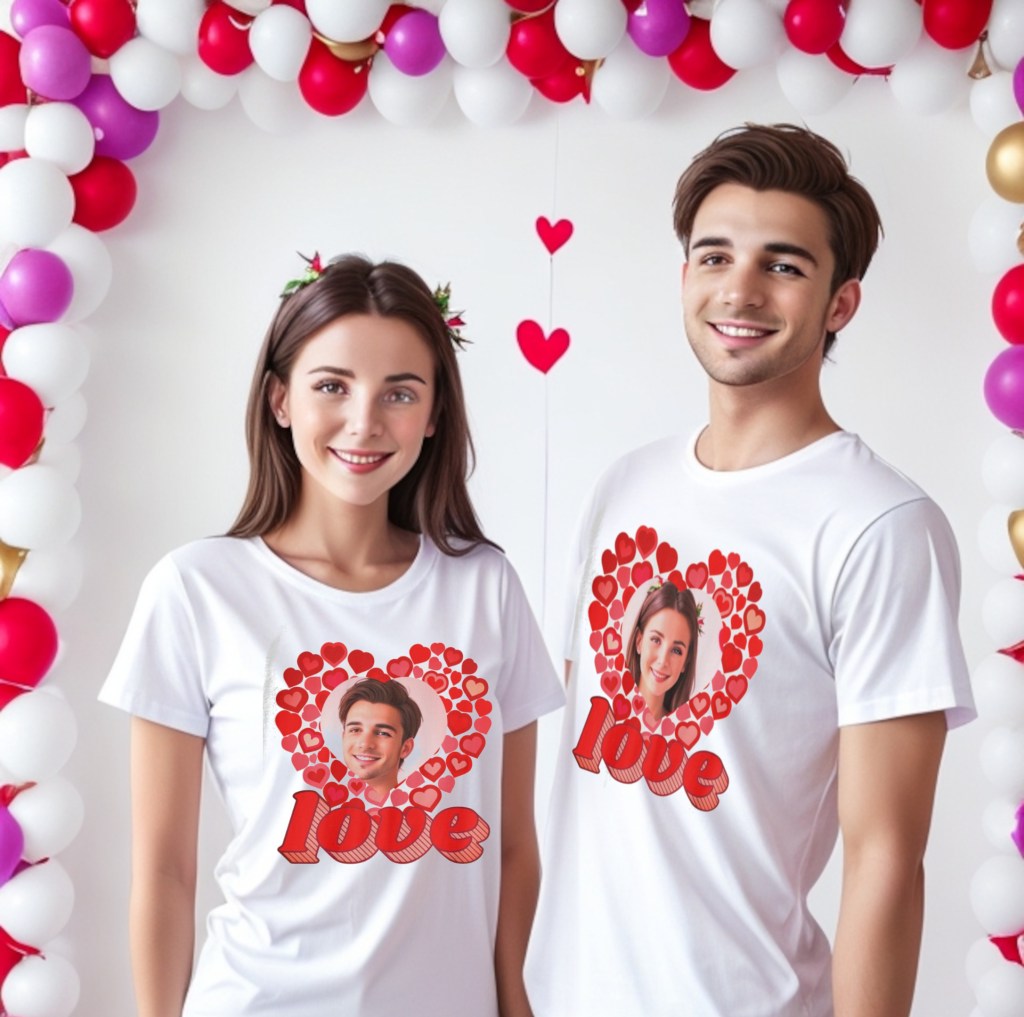 Couple tee. Love matching tee with red hearts, heart shaped photo  and love typography