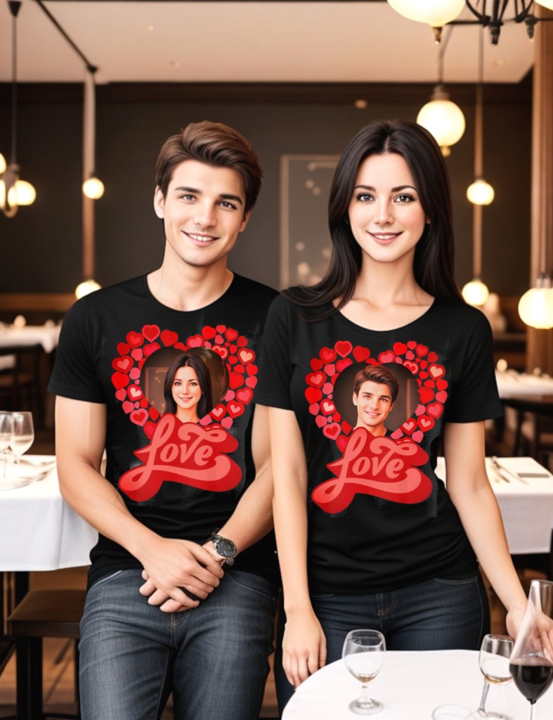 Couple tee. Couple matching t-shirt with love typography , heart shaped photo and red hearts
