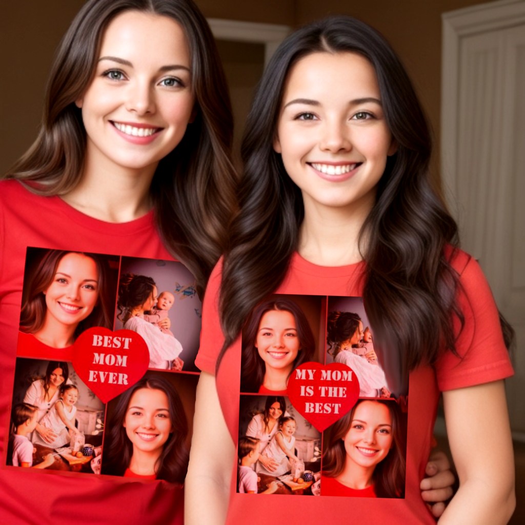 Custom love tee. Four personalized pictures and monogram red heart with personalized text