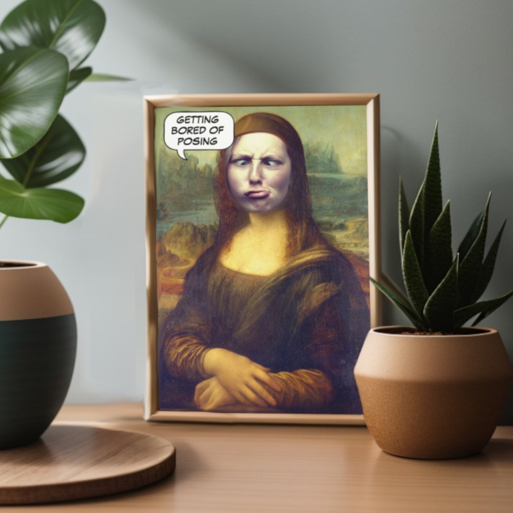 Funny parody Mona Lisa put rhe face in the hole card.