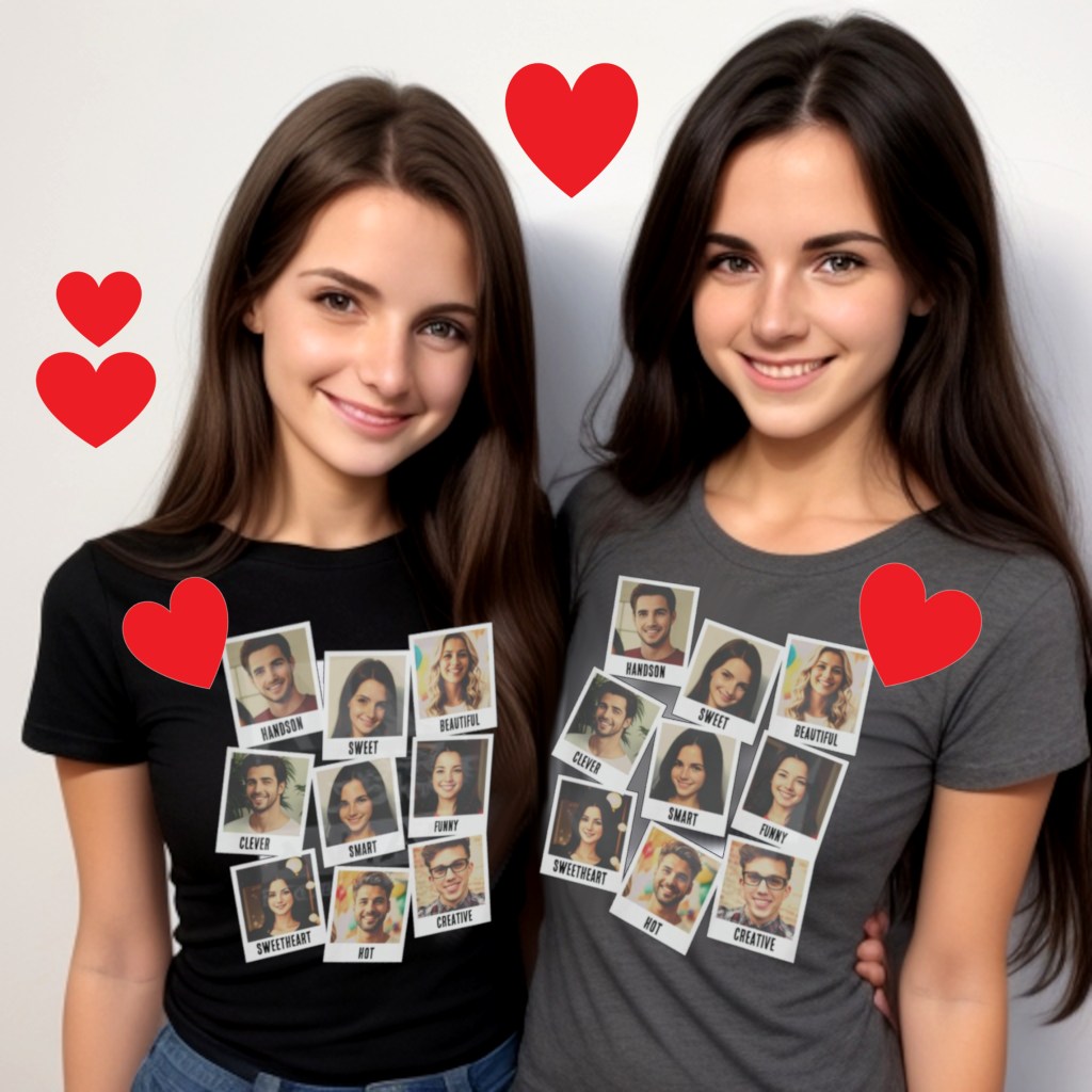 two girlfriends wearing same t-shirt with personalized photos, the tee they wearing celebrate friendship honoring the connections and relationships you have with your friends.